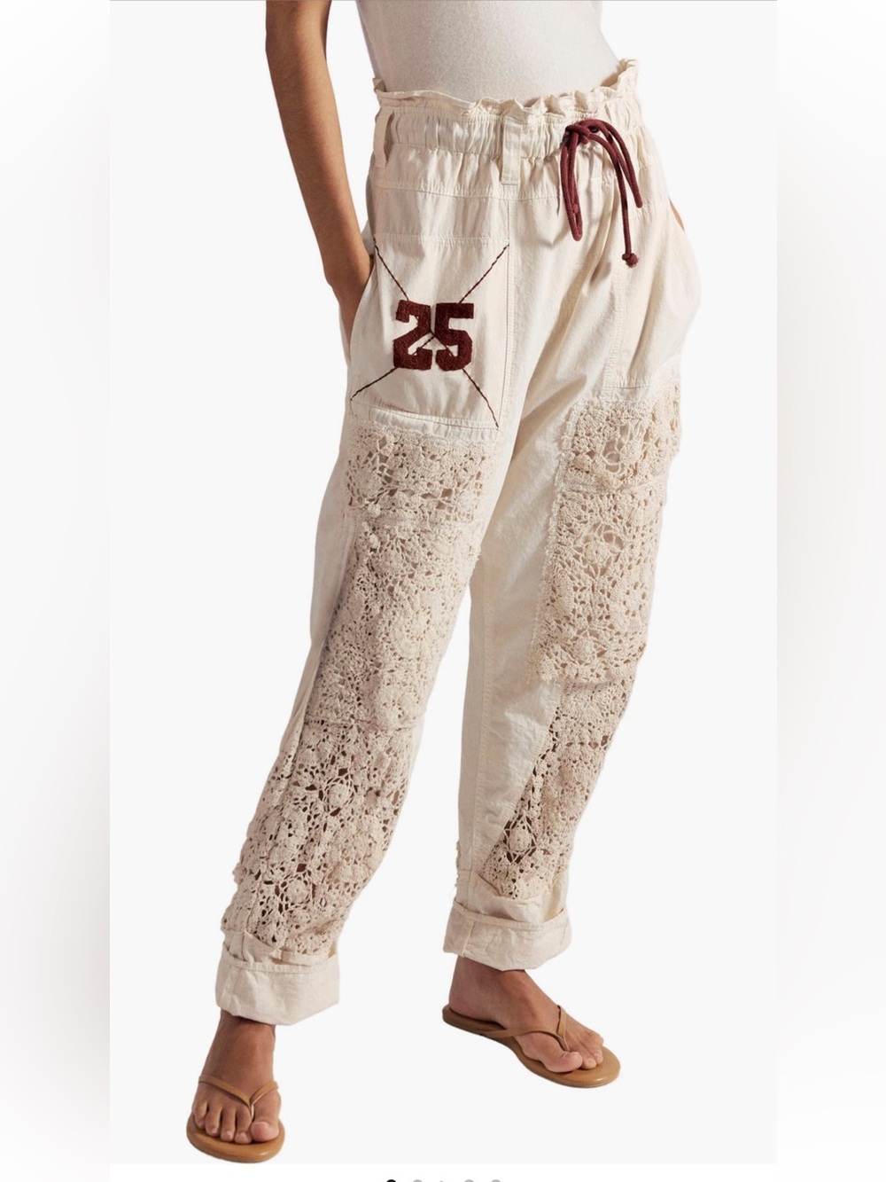 NWT Free People Rockaway Craft Pants Crochet Joggers Maroon Drawstring Size XL